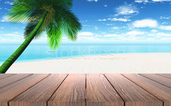 3D wooden table looking out to a beach with palm tree Stock photo © kjpargeter