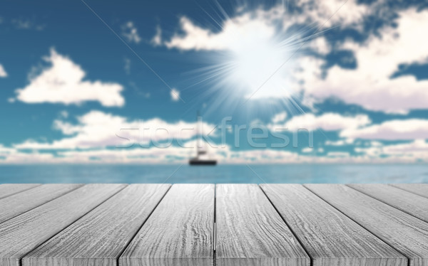 3D wooden table looking out to a yacht on the ocean Stock photo © kjpargeter