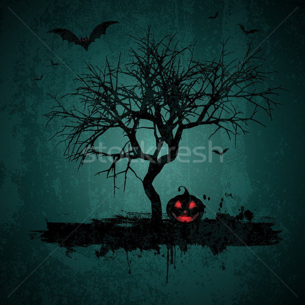 Stockfoto: Grunge · halloween · stijl · lantaarn · boom · vogel