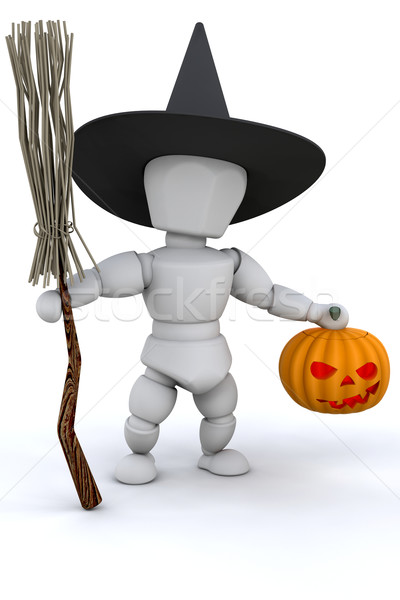 Halloween heks 3d render pompoen bezemsteel jongen Stockfoto © kjpargeter