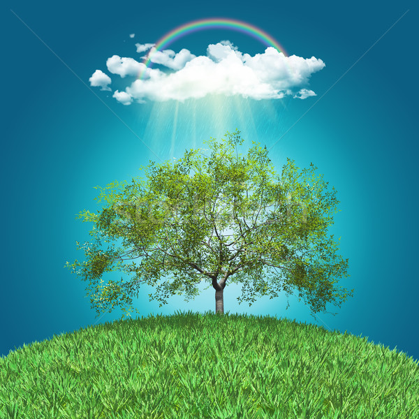 商业照片: 三维渲染 · 绿色的 · 地球 · 核桃 ·树· 彩虹