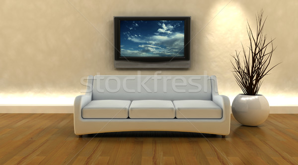 Foto stock: 3d · render · sofá · tv · televisão · parede · casa