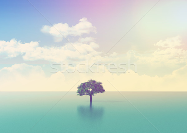 3D ocean scene with tree with retro effect Stock photo © kjpargeter