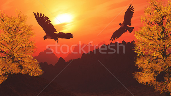 3D mountain landscape with eagles Stock photo © kjpargeter