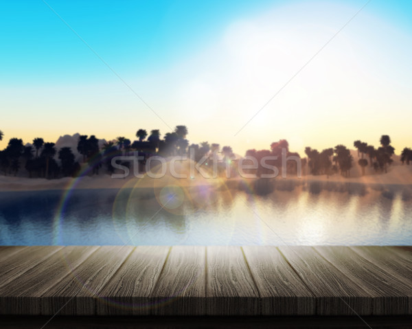 Wooden table looking out to a palm tree island Stock photo © kjpargeter