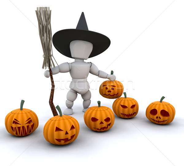 Halloween Hexe 3d render Besenstiel Kürbisse Junge Stock foto © kjpargeter