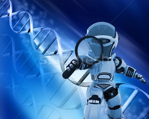 Robot with magnifying glass on DNA background Stock photo © kjpargeter