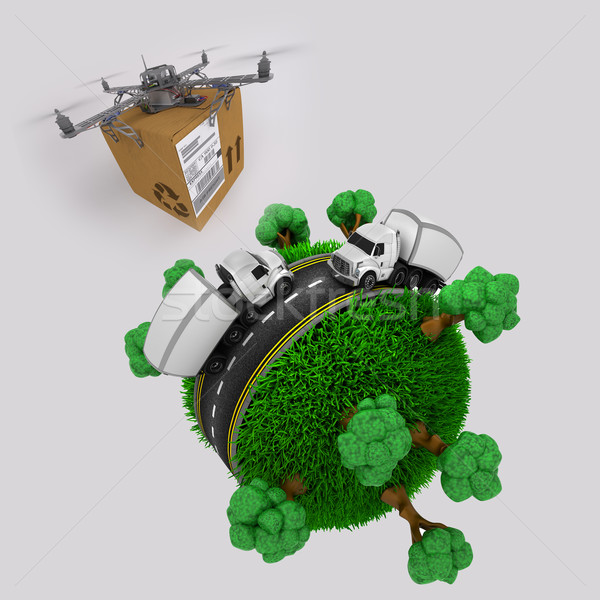 Quadcopter drone with parcel flying over grassy globe with truck Stock photo © kjpargeter