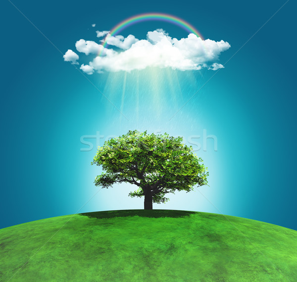 3D render of a grassy landscape with a tree, rainbow and rainclo Stock photo © kjpargeter