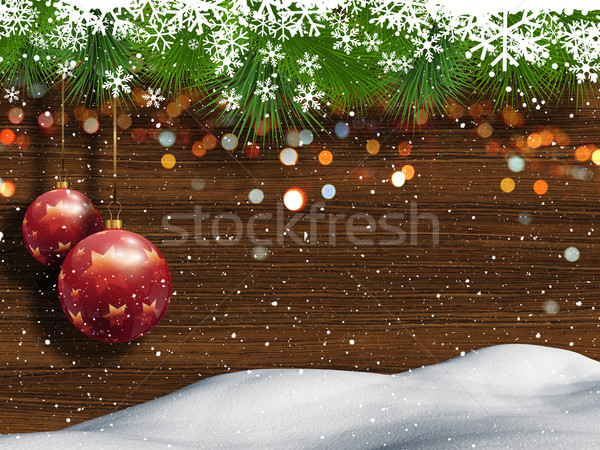 Christmas background with snow and hanging baubles Stock photo © kjpargeter