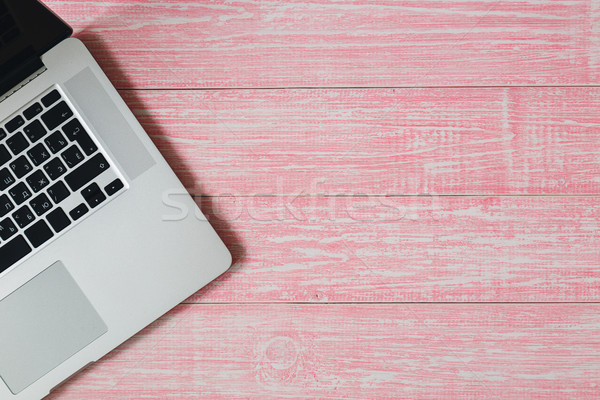[[stock_photo]]: Portable · rose · bois · bureau · clavier · d'ordinateur · portable · table · en · bois