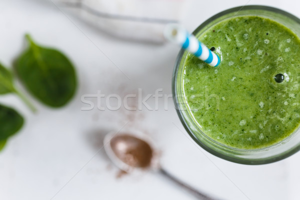 [[stock_photo]]: Smoothie · vert · verre · banane · épinards · fraîches · herbes