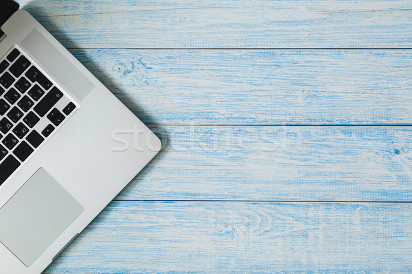 [[stock_photo]]: Portable · bleu · bois · bureau · clavier · d'ordinateur · portable · table · en · bois