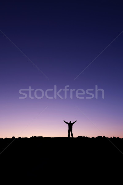 Férfi ünnepel vívmány sziluett kezek napfelkelte Stock fotó © klikk