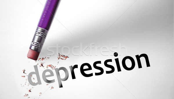 Foto stock: Borrador · palabra · depresión · lápiz · triste · estrés