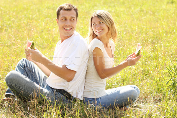 Couple nature manger pastèque affectueux alimentaire [[stock_photo]] © koca777