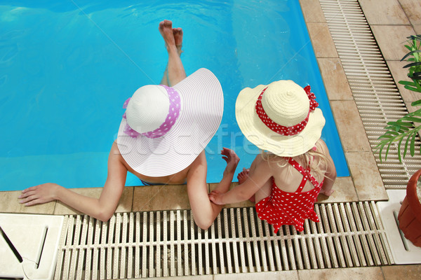 Petite fille chapeau mère piscine fille soleil [[stock_photo]] © koca777