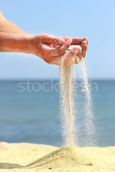 Kobiet strony piasku działalności wody człowiek Zdjęcia stock © koca777
