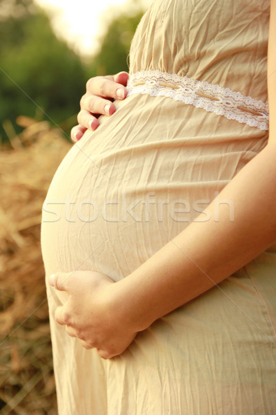 Pregnant woman on nature near the haystacks Stock photo © koca777
