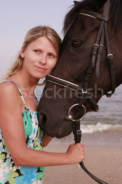 Meisje paard zee hemel vrouwen sport Stockfoto © koca777