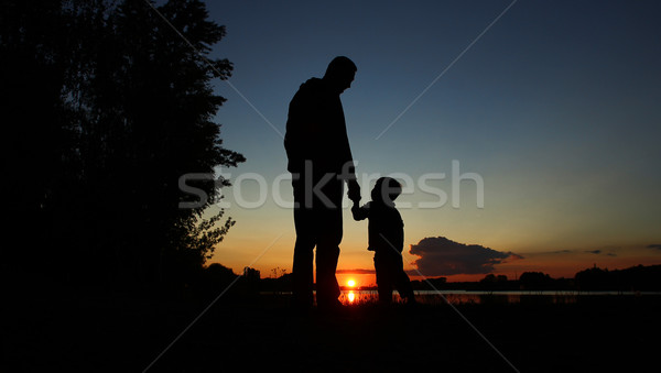 Filho pai silhueta pôr do sol praia céu família Foto stock © koca777