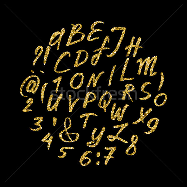 Golden glitter alphabet. Unique glowing vector font. Handdrawn calligraphy font. Glowing vector lett Stock photo © kollibri