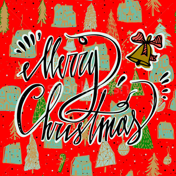 Merry Christmas card with bell and bright seamless pattern. Season's Greetings card. Hand lettering  Stock photo © kollibri