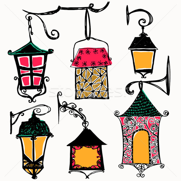 Set of vintage street luminescent lanterns hanging on a decorative brackets. Vector. Outdoor lamp Stock photo © kollibri