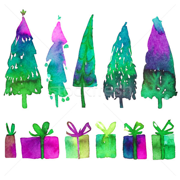 Big collection of watercolor Christmas tree isolated on a white background. Design holiday Christmas Stock photo © kollibri