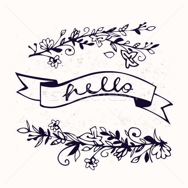 Hello lettering with ribbon and hand drawn flowers. Brush Pen lettering Hello isolated on background Stock photo © kollibri