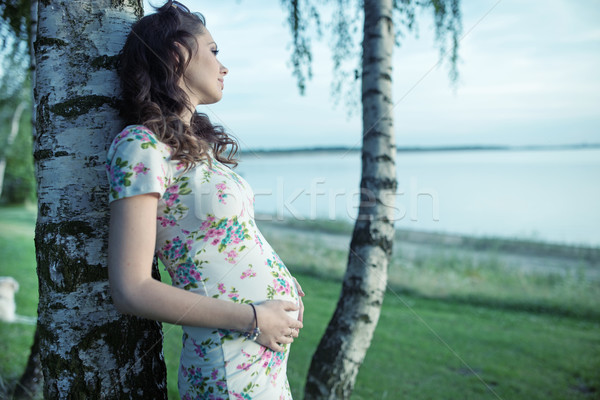 Femeie gravida atingere burtă gravidă doamnă femeie Imagine de stoc © konradbak