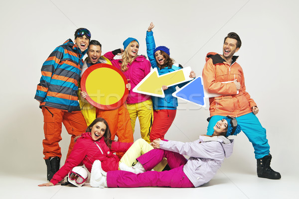 Colorful photo of the glad snowboarders Stock photo © konradbak