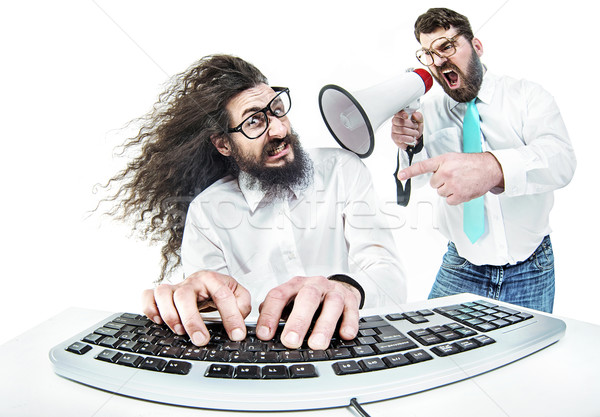 Főnök kiabál alkalmazott üzlet számítógép hal Stock fotó © konradbak