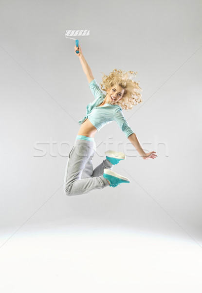 Foto stock: Saltando · mulher · pintar · senhora · menina · floresta
