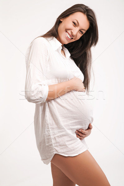 快樂 孕 女 手 腹部 女子 商業照片 © konradbak
