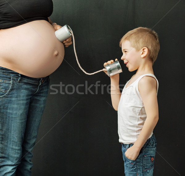 Bild kid sprechen Geschwister Telefon Mode Stock foto © konradbak