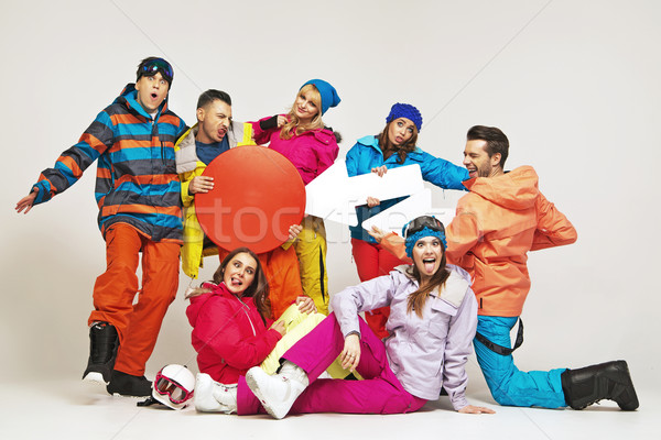 Funy picture of snowboarders playing a hoaxes Stock photo © konradbak
