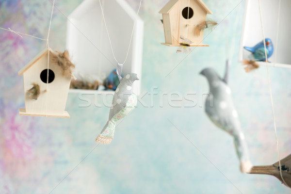 [[stock_photo]]: Vintage · jouet · oiseaux · bois · ciel · fleur