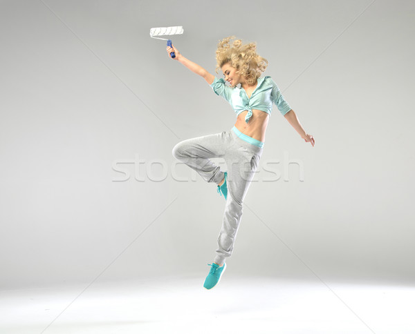 Foto stock: Fabuloso · menina · saltando · pintar · mulher · floresta