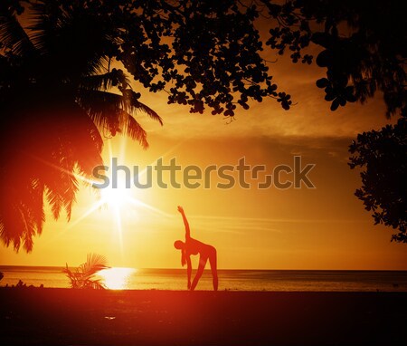 Flexibil femeie pregătire plajă plaja tropicala sportiv Imagine de stoc © konradbak