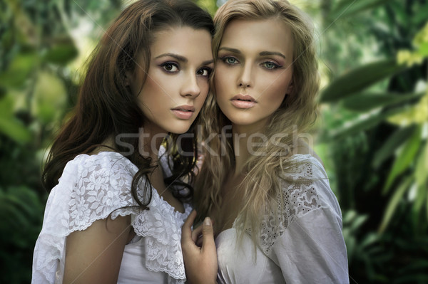 Deux jeunes femme fille heureux forêt [[stock_photo]] © konradbak