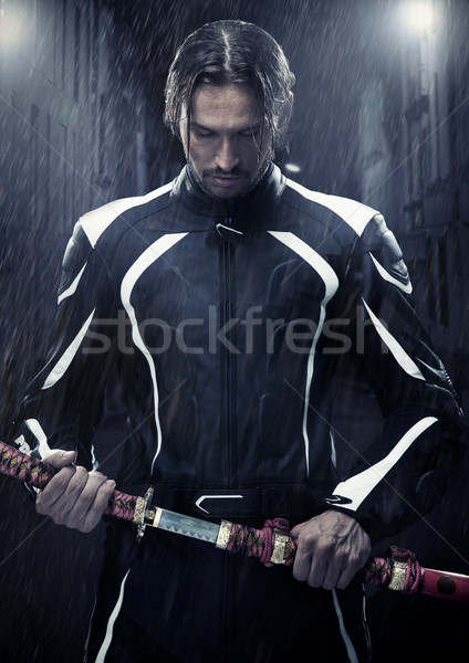 Muscular homem samurai espada chuvoso Foto stock © konradbak