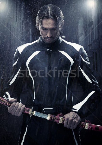 Muscular hombre samurai espada lluvioso Foto stock © konradbak