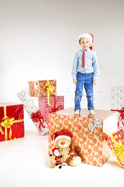 Little santa  standing on the gift Stock photo © konradbak
