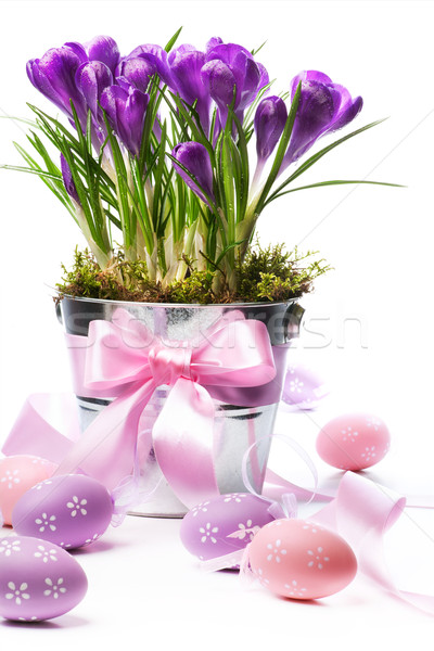 Colorful painted easter eggs and spring flowers Stock photo © Konstanttin