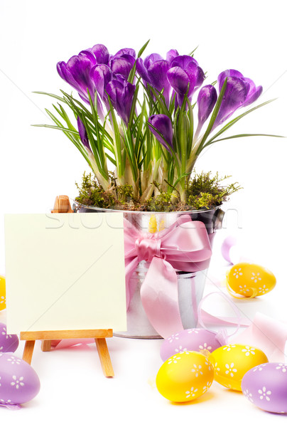 Colorful painted easter eggs and spring flowers Stock photo © Konstanttin