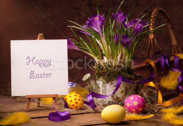 Stockfoto: Vintage · Pasen · kaart · lentebloemen · houten · bloem