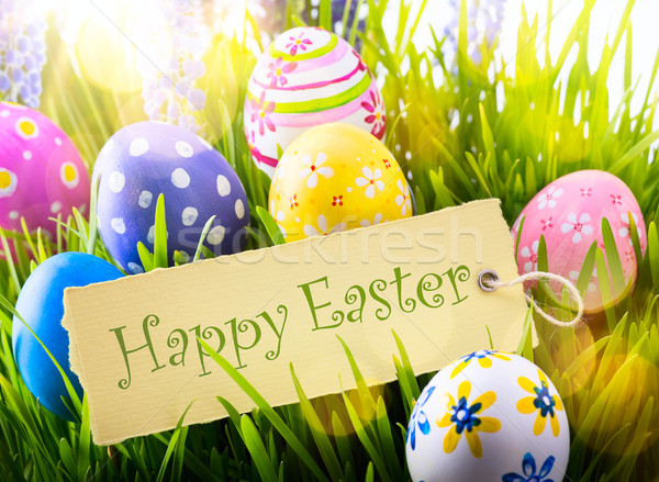 Stock photo: art Easter Background with easter eggs and spring flowers