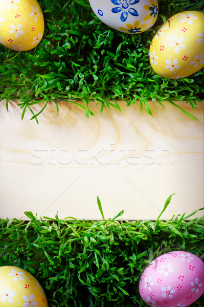 Sztuki Wielkanoc trawy Easter Eggs drewna szczęśliwy Zdjęcia stock © Konstanttin
