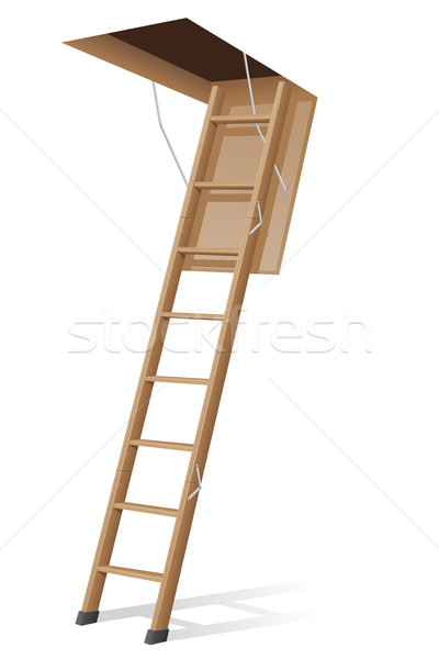 Houten ladder vliering geïsoleerd witte huis Stockfoto © konturvid